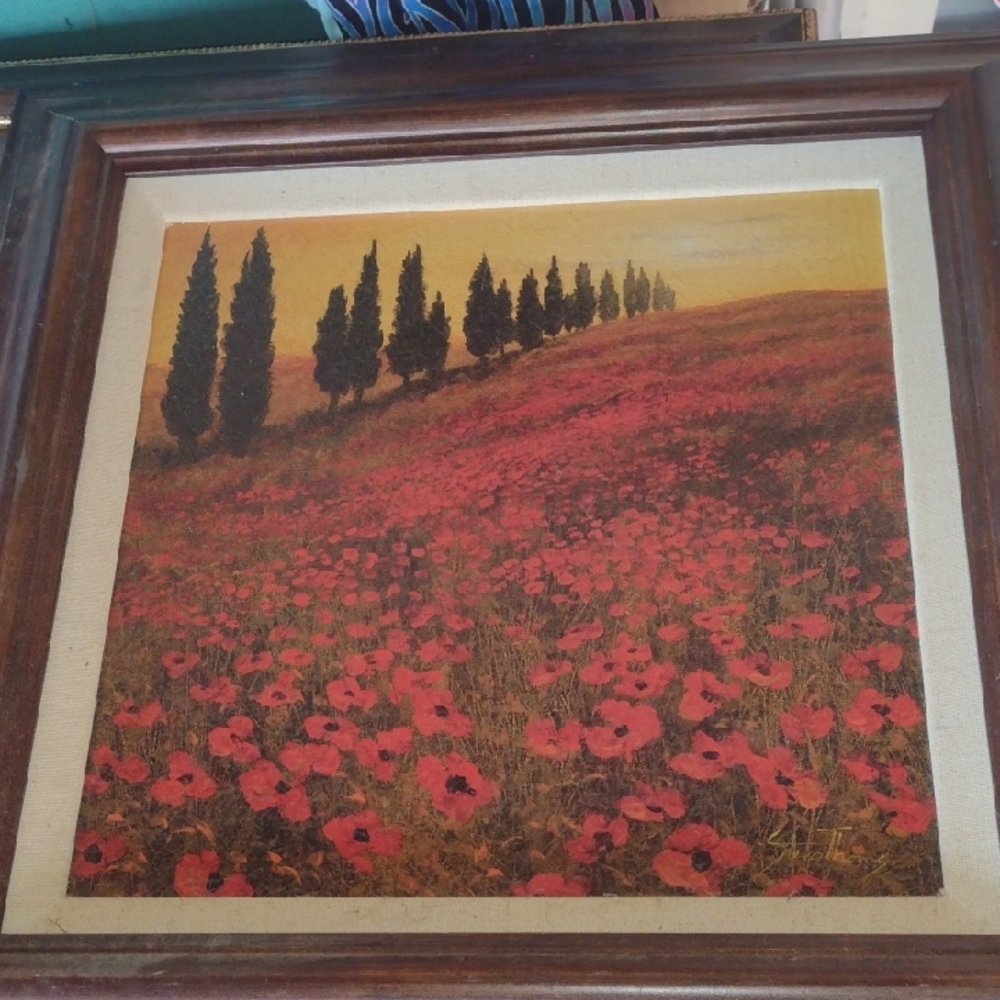 Framed Landscape Painting with Red Poppies